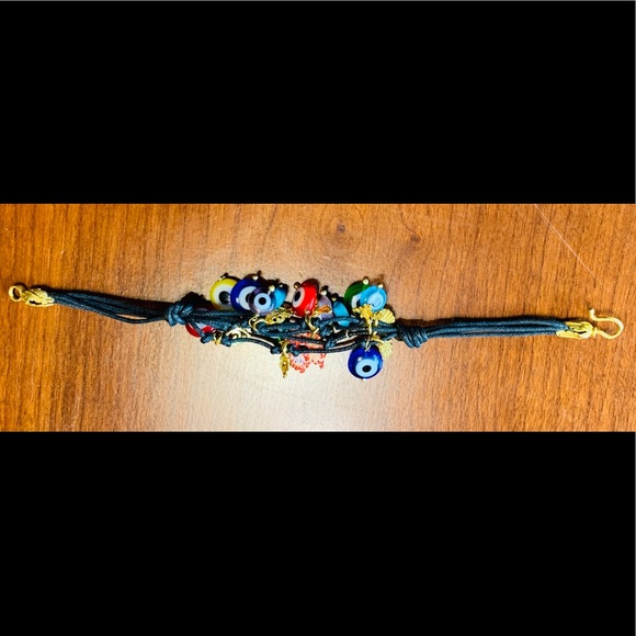 Black rope bracelet with chunky multiple colored glass evil eye & silver charms - Picture 4 of 5